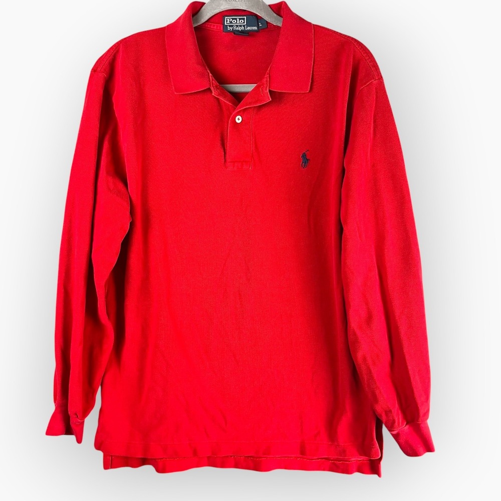Polo Ralph Lauren Mens Large Red Long Sleeve Cotton Pique Polo Shirt Navy Pony